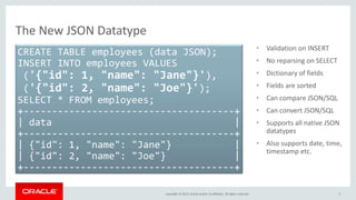 Copyright © 2015, Oracle and/or its affiliates. All rights reserved.
CREATE TABLE employees (data JSON);
INSERT INTO employees VALUES
('{"id": 1, "name": "Jane"}'),
('{"id": 2, "name": "Joe"}');
SELECT * FROM employees;
+-------------------------------------+
| data |
+-------------------------------------+
| {"id": 1, "name": "Jane"} |
| {"id": 2, "name": "Joe"} |
+-------------------------------------+
• Validation on INSERT
• No reparsing on SELECT
• Dictionary of fields
• Fields are sorted
• Can compare JSON/SQL
• Can convert JSON/SQL
• Supports all native JSON
datatypes
• Also supports date, time,
timestamp etc.
3
The New JSON Datatype
 