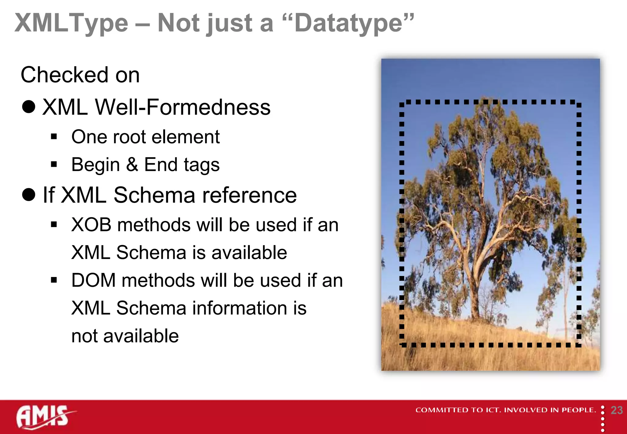 XMLType – Not just a “Datatype”
Checked on
 XML Well-Formedness
   One root element
   Begin & End tags
 If XML Schema reference
   XOB methods will be used if an
    XML Schema is available
   DOM methods will be used if an
    XML Schema information is
    not available




                                     
                                             23
 