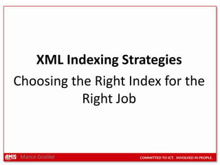 XML Indexing Strategies
Choosing the Right Index for the
           Right Job


 Marco Gralike
 