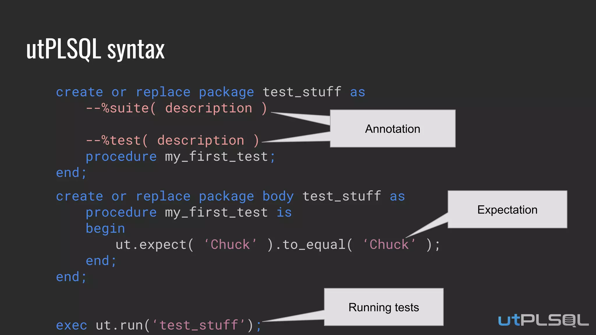 utPLSQL syntax
create or replace package test_stuff as
--%suite( description )
--%test( description )
procedure my_first_test;
end;
create or replace package body test_stuff as
procedure my_first_test is
begin
ut.expect( ‘Chuck’ ).to_equal( ‘Chuck’ );
end;
end;
exec ut.run(‘test_stuff’);
Expectation
AnnotationAnnotation
Running tests
 