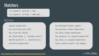 Matchers
equal( expected )
be_null / be_not_null
be_true / be_false
be_like( mask [, escape_char] )
match( pattern [, modifiers] )
contain( expected )
ut.expect( actual ).to_...
ut.expect( actual ).not_to_...
be_between( lower, upper )
be_greater_than( expected )
be_less_than( expected )
be_greater_or_equal( expected )
be_less_or_equal( expected )
have_count( count ) / be_empty
Matchers:
http://utplsql.org/utPLSQL/latest/userguide/expectations.html
 