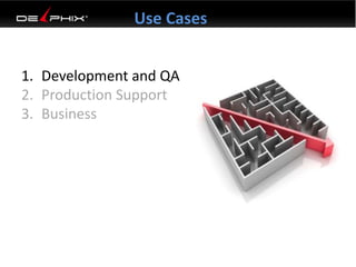 Use Cases 
1. Development and QA 
2. Production Support 
3. Business 
 
