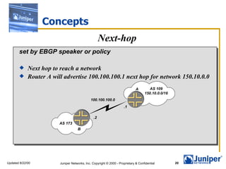 Concepts
                                                   Next-hop
       set by EBGP speaker or policy

        Next hop to reach a network
        Router A will advertise 100.100.100.1 next hop for network 150.10.0.0

                                                                            A        AS 109
                                                                                  150.10.0.0/16
                                            100.100.100.0
                                                                   .1

                                              .2
                      AS 173
                                  B




Updated 8/22/00       Juniper Networks, Inc. Copyright © 2000 - Proprietary & Confidential        20
 