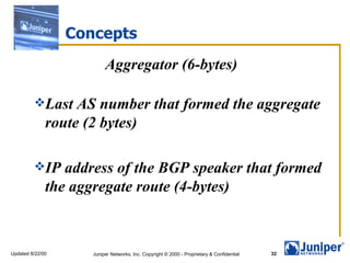 Concepts
                          Aggregator (6-bytes)

         Last     AS number that formed the aggregate
              route (2 bytes)

         IP     address of the BGP speaker that formed
              the aggregate route (4-bytes)



Updated 8/22/00      Juniper Networks, Inc. Copyright © 2000 - Proprietary & Confidential   32
 