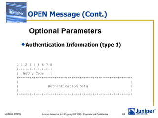 OPEN Message (Cont.)

                    Optional Parameters
                   Authentication               Information (type 1)


          0 1 2 3 4 5 6 7 8
          +-+-+-+-+-+-+-+-+
          | Auth. Code    |
          +-+-+-+-+-+-+-+-+-+-+-+-+-+-+-+-+-+-+-+-+-+-+-+-+-+-+-+
          |                                                     |
          |              Authentication Data                    |
          |                                                     |
          +-+-+-+-+-+-+-+-+-+-+-+-+-+-+-+-+-+-+-+-+-+-+-+-+-+-+-+




Updated 8/22/00          Juniper Networks, Inc. Copyright © 2000 - Proprietary & Confidential   44
 