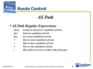 Route Control

                                                 AS Path
          AS        Path Regular Expressions
                  {m,n}   at least m and most n repetitions of term.
                  {m}     Exact m repetitions of term
                  {m,}    m or more repetitions of term
                  *       Zero or more repetitions of term
                  +       One or more repetitions of term
                  ?       Zero or one repetitions of term
                  |       One of the two terms on either side of the pipe




Updated 8/22/00            Juniper Networks, Inc. Copyright © 2000 - Proprietary & Confidential   58
 