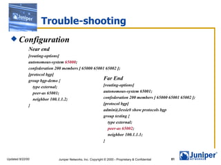 Trouble-shooting
   Configuration
              Near end
              [routing-options]
              autonomous-system 65000;
              confederation 200 members [ 65000 65001 65002 ];
              [protocol bgp]
              group bgp-demo {                       Far End
                 type external;                      [routing-options]
                 peer-as 65001;                      autonomous-system 65001;
                 neighbor 100.1.1.2;                 confederation 200 members [ 65000 65001 65002 ];
              }                                      [protocol bgp]
                                                     admin@Jessie# show protocols bgp
                                                     group testing {
                                                        type external;
                                                        peer-as 65002;
                                                        neighbor 100.1.1.1;
                                                     }



Updated 8/22/00              Juniper Networks, Inc. Copyright © 2000 - Proprietary & Confidential   81
 