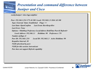 Presentation and command difference between
                   Juniper and Cisco
            root@Juniper> show bgp neighbor

            Peer: 192.168.1.254+179 AS 200 Local: 192.168.1.3+3844 AS 100
             Type: External State: Established Flags: <>
             Last State: OpenConfirm      Last Event: RecvKeepAlive
             Last Error: None
             Options: <Multihop Preference LocalAddress HoldTime PeerAS Refresh>
                Local Address: 192.168.1.3 Holdtime: 90 Preference: 170
             Number of flaps: 0
             Peer ID: 192.168.1.254      Local ID: 192.168.1.3 Active Holdtime: 90
             Keepalive Interval: 30
             NLRI advertised by peer:
             NLRI for this session: inet-unicast
             Peer does not support Refresh capability




Updated 8/22/00             Juniper Networks, Inc. Copyright © 2000 - Proprietary & Confidential   88
 