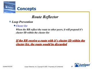 Concepts Route Reflector Loop Prevention Cluster list When the RR reflect the route to other peers, it will prepend it’s cluster ID within the cluster list If the RR receive a route with it’s cluster ID within the cluster list, the route would be discarded 