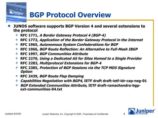 JUNOS software supports BGP Version 4 and several extensions to the protocol RFC 1771,   A Border Gateway Protocol 4 (BGP-4)   RFC 1772,   Application of the Border Gateway Protocol in the Internet   RFC 1965,   Autonomous System Confederations for BGP   RFC 1966,   BGP Route Reflection: An Alternative to Full-Mesh IBGP   RFC 1997,   BGP Communities Attribute   RFC 2270,   Using a Dedicated AS for Sites Homed to a Single Provider   RFC 2283,   Multiprotocol Extensions for BGP-4   RFC 2385,   Protection of BGP Sessions via the TCP MD5 Signature Option   RFC 2439,  BGP Route Flap Damping   Capabilities Negotiation with BGP4 , IETF draft draft-ietf-idr-cap-neg-01  BGP Extended Communities Attribute , IETF draft-ramachandra-bgp-ext-communities-04.txt  BGP Protocol Overview 