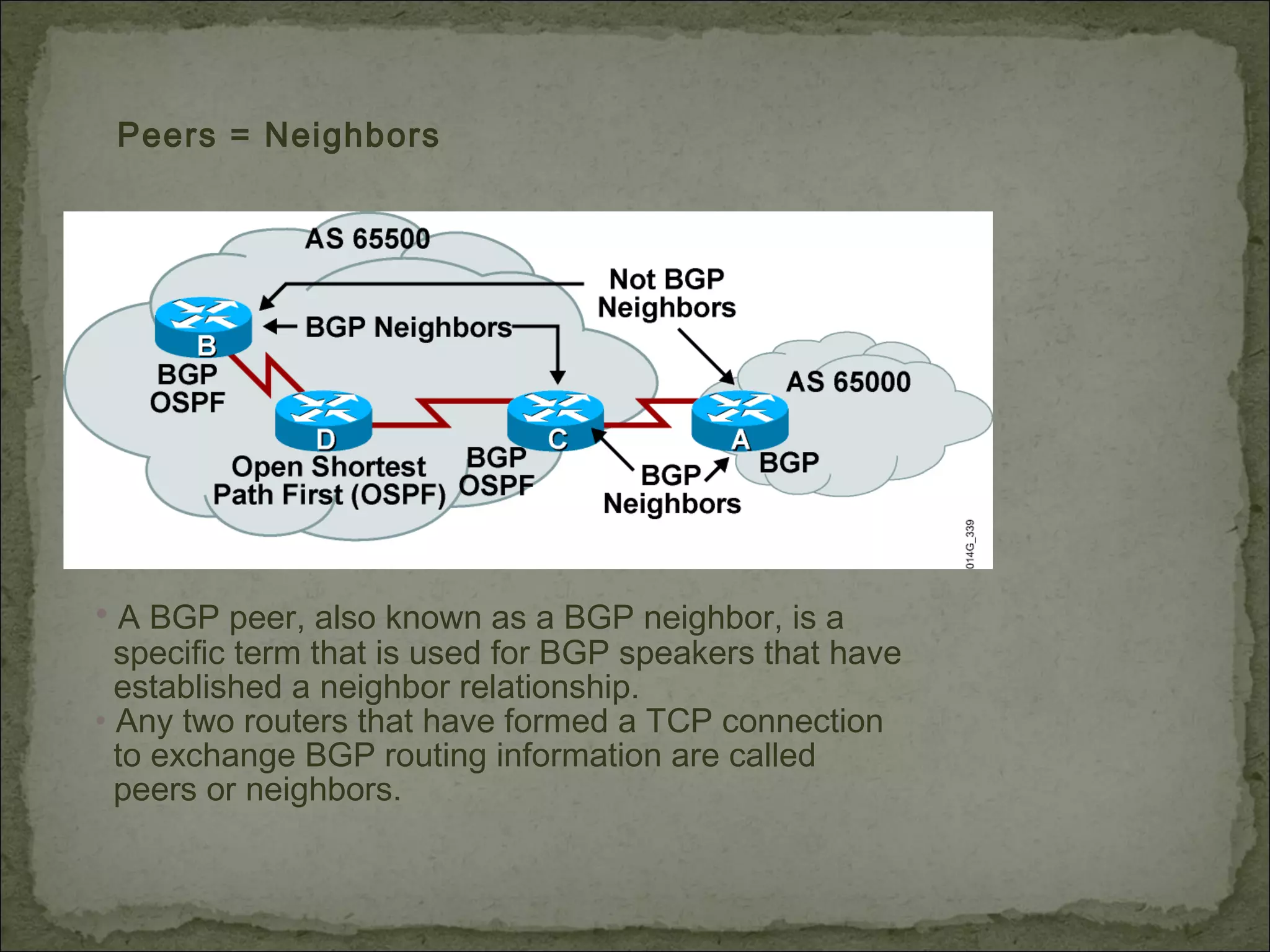 Peers = Neighbors
• A BGP peer, also known as a BGP neighbor, is a
specific term that is used for BGP speakers that have
established a neighbor relationship.
• Any two routers that have formed a TCP connection
to exchange BGP routing information are called
peers or neighbors.
 