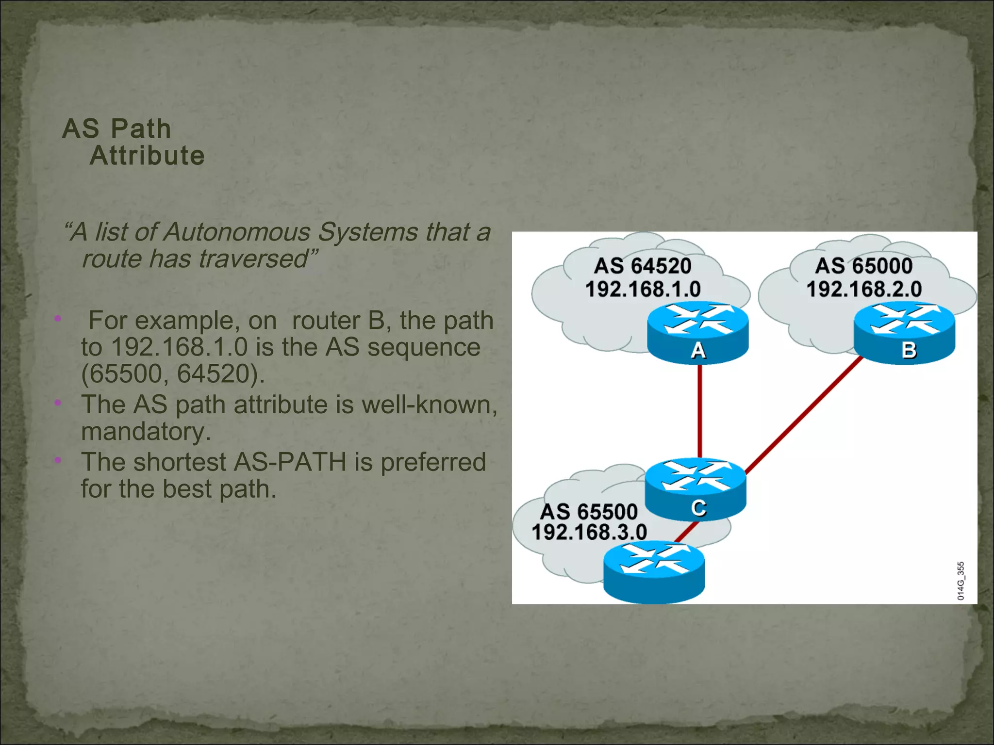 AS Path
Attribute
“A list of Autonomous Systems that a
route has traversed”
• For example, on router B, the path
to 192.168.1.0 is the AS sequence
(65500, 64520).
• The AS path attribute is well-known,
mandatory.
• The shortest AS-PATH is preferred
for the best path.
 