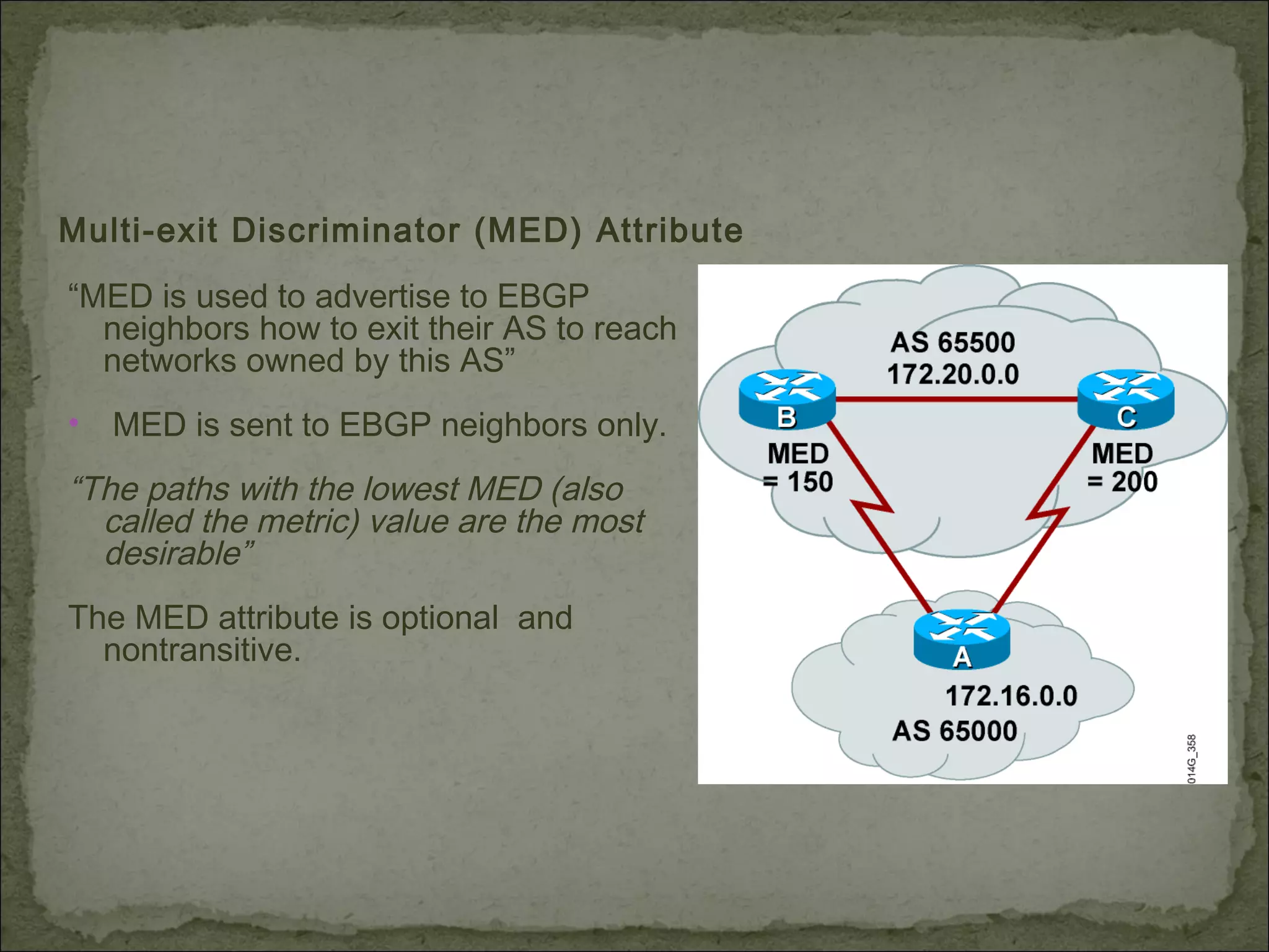 Multi-exit Discriminator (MED) Attribute
“MED is used to advertise to EBGP
neighbors how to exit their AS to reach
networks owned by this AS”
• MED is sent to EBGP neighbors only.
“The paths with the lowest MED (also
called the metric) value are the most
desirable”
The MED attribute is optional and
nontransitive.
 