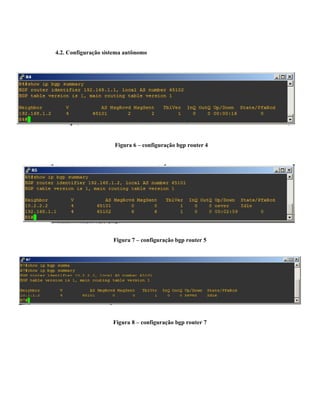 4.2. Configuração sistema autônomo
Figura 6 – configuração bgp router 4
Figura 7 – configuração bgp router 5
Figura 8 – configuração bgp router 7
 