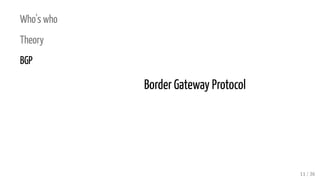 Who's who
Theory
BGP
Border Gateway Protocol
11 / 36
 