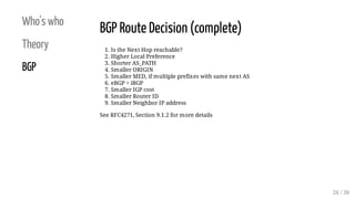 Who's who
Theory
BGP
BGP Route Decision (complete)
1. Is the Next Hop reachable?
2. Higher Local Preference
3. Shorter AS_...