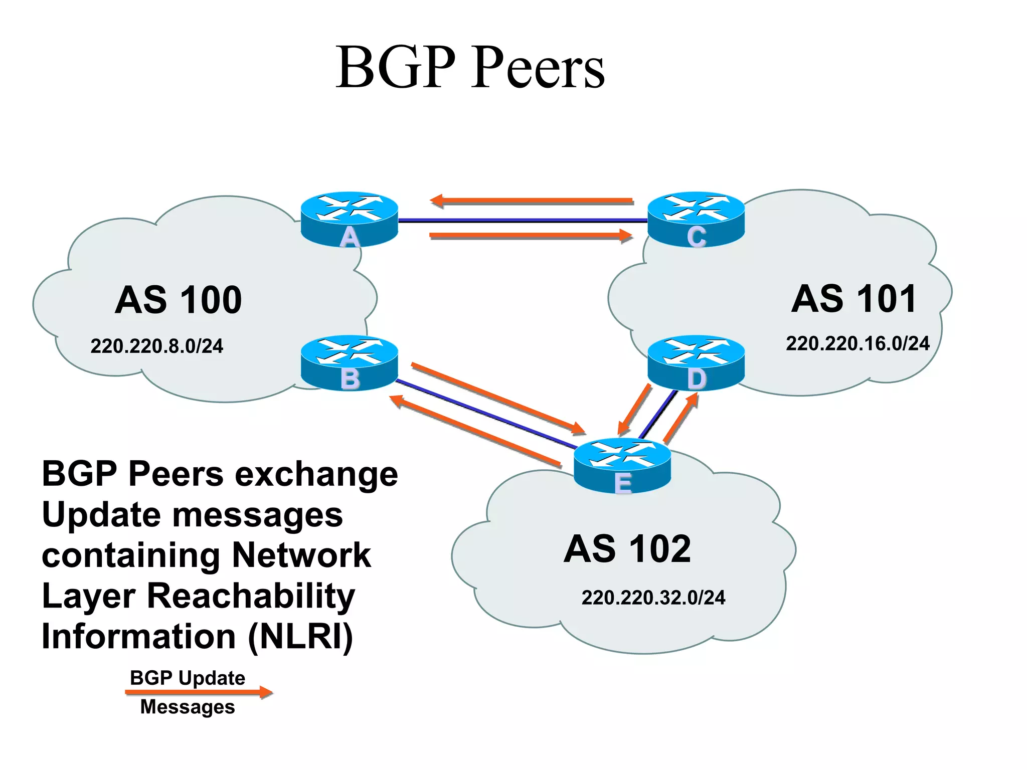AS 100 AS 101
A C
BGP Peers
AS 102
D
220.220.8.0/24 220.220.16.0/24
220.220.32.0/24
E
B
BGP Peers exchange
Update messages
containing Network
Layer Reachability
Information (NLRI)
BGP Update
Messages
 
