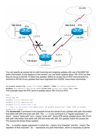 You can specify an access list on both incoming and outgoing updates with use of the BGP AS
paths information. In the diagram in this section, you can block updates about 160.10.0.0 so that
they do not go to AS100. To block the updates, define an access list on RTC that prevents the
transmit to AS100 of any updates that have originated from AS200. Issue these commands:
ip as-path access-list access-list-number {permit | deny} as-regular-expression
neighbor {ip-address | peer-group-name} filter-list access-list-number {in | out}
This example stops the RTC send of updates about 160.10.0.0 to RTA:
RTC#
router bgp 300
neighbor 3.3.3.3 remote-as 200
neighbor 2.2.2.2 remote-as 100
neighbor 2.2.2.2 filter-list 1 out
!--- The 1 is the access list number below. ip as-path access-list 1 deny ^200$ ip as-path
access-list 1 permit .*
The access-list 1 command in this example forces the denial of any updates with path information
that starts with 200 and ends with 200. The ^200$ in the command is a "regular expression", in
which ^ means "starts with" and $ means "ends with". Since RTB sends updates about 160.10.0.0
with path information that starts with 200 and ends with 200, the updates match the access list.
The access list denies these updates.
The .* is another regular expression in which the . means "any character" and the * means "the
repetition of that character". So .* represents any path information, which is necessary to permit
 