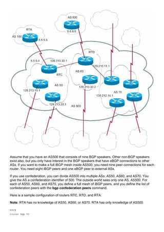 Assume that you have an AS500 that consists of nine BGP speakers. Other non-BGP speakers
exist also, but you only have interest in the BGP speakers that have eBGP connections to other
ASs. If you want to make a full iBGP mesh inside AS500, you need nine peer connections for each
router. You need eight iBGP peers and one eBGP peer to external ASs.
If you use confederation, you can divide AS500 into multiple ASs: AS50, AS60, and AS70. You
give the AS a confederation identifier of 500. The outside world sees only one AS, AS500. For
each of AS50, AS60, and AS70, you define a full mesh of iBGP peers, and you define the list of
confederation peers with the bgp confederation peers command.
Here is a sample configuration of routers RTC, RTD, and RTA:
Note: RTA has no knowledge of AS50, AS60, or AS70. RTA has only knowledge of AS500.
RTC#
router bgp 50
 