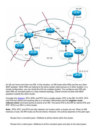 An AS can have more than one RR. In this situation, an RR treats other RRs just like any other
iBGP speaker. Other RRs can belong to the same cluster (client group) or to other clusters. In a
simple configuration, you can divide the AS into multiple clusters. You configure each RR with
other RRs as nonclient peers in a fully meshed topology. Clients should not peer with iBGP
speakers outside the client cluster.
Consider this diagram. RTA, RTB, and RTC form a single cluster. RTC is the RR. For RTC, RTA
and RTB are clients and anything else is a nonclient. Remember that the neighbor route-
reflector-client command points at clients of an RR. The same RTD is the RR for clients RTE and
RTF. RTG is an RR in a third cluster.
Note: RTD, RTC, and RTG are fully meshed, but routers within a cluster are not. When an RR
receives a route, the RR routes as this list shows. However, this activity depends on the peer type:
Routes from a nonclient peer—Reflects to all the clients within the cluster.
Routes from a client peer—Reflects to all the nonclient peers and also to the client peers.
 