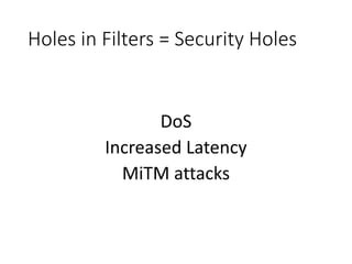 Holes in Filters = Security Holes
DoS
Increased Latency
MiTM attacks
 