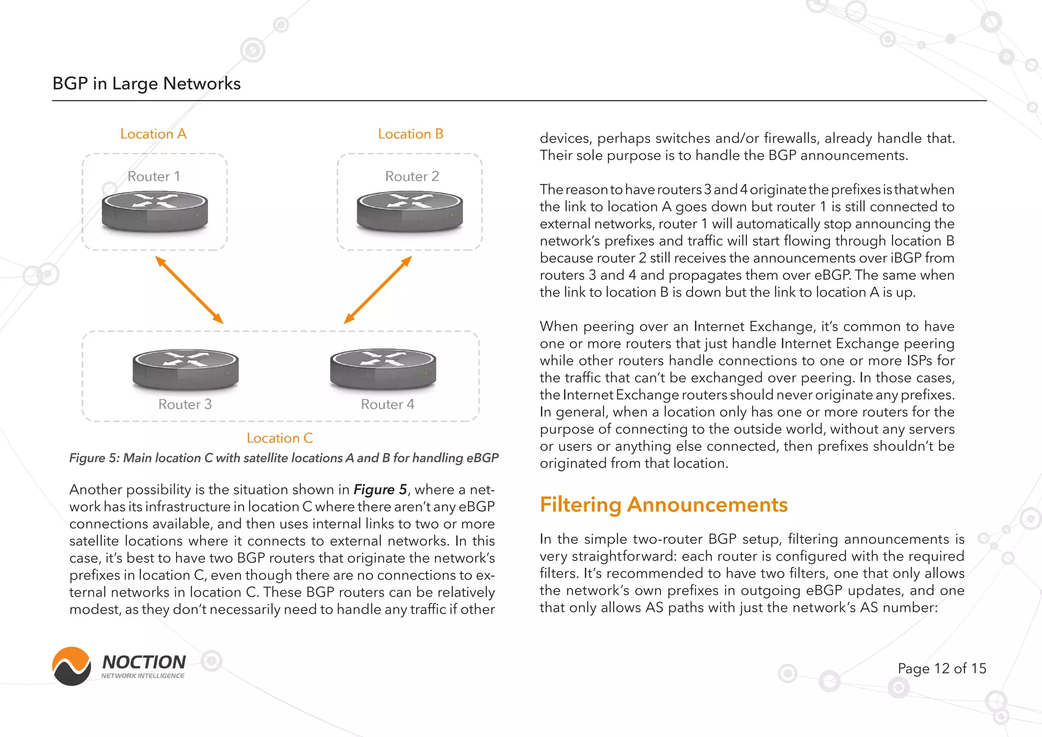 Page 12 of 15
BGP in Large Networks
Another possibility is the situation shown in Figure 5, where a net-
work has its infrastructure in location C where there aren’t any eBGP
connections available, and then uses internal links to two or more
satellite locations where it connects to external networks. In this
case, it’s best to have two BGP routers that originate the network’s
prefixes in location C, even though there are no connections to ex-
ternal networks in location C. These BGP routers can be relatively
modest, as they don’t necessarily need to handle any traffic if other
devices, perhaps switches and/or firewalls, already handle that.
Their sole purpose is to handle the BGP announcements.
Thereasontohaverouters3and4originatetheprefixesisthatwhen
the link to location A goes down but router 1 is still connected to
external networks, router 1 will automatically stop announcing the
network’s prefixes and traffic will start flowing through location B
because router 2 still receives the announcements over iBGP from
routers 3 and 4 and propagates them over eBGP. The same when
the link to location B is down but the link to location A is up.
When peering over an Internet Exchange, it’s common to have
one or more routers that just handle Internet Exchange peering
while other routers handle connections to one or more ISPs for
the traffic that can’t be exchanged over peering. In those cases,
theInternetExchangeroutersshouldneveroriginateanyprefixes.
In general, when a location only has one or more routers for the
purpose of connecting to the outside world, without any servers
or users or anything else connected, then prefixes shouldn’t be
originated from that location.
In the simple two-router BGP setup, filtering announcements is
very straightforward: each router is configured with the required
filters. It’s recommended to have two filters, one that only allows
the network’s own prefixes in outgoing eBGP updates, and one
that only allows AS paths with just the network’s AS number:
Filtering Announcements
Figure 5: Main location C with satellite locations A and B for handling eBGP
 