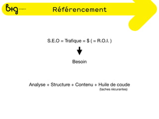 Référencement



        S.E.O = Traﬁque = $ ( = R.O.I. )



                    Besoin



Analyse + Structure + Contenu + Huile de coude
                                  (taches récurantes)
 