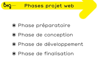 Phases projet web



๏ Phase préparatoire
๏ Phase de conception
๏ Phase de développement
๏ Phase de finalisation
 
