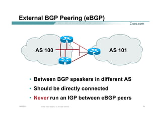 101010© 2002, Cisco Systems, Inc. All rights reserved.AfNOG 3
External BGP Peering (eBGP)
AS 100 AS 101
CC
AA
• Between BGP speakers in different AS
• Should be directly connected
• Never run an IGP between eBGP peers
BB
 