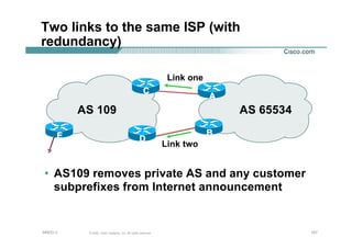 127127127© 2002, Cisco Systems, Inc. All rights reserved.AfNOG 3
Two links to the same ISP (with
redundancy)
AS 109 AS 65534
AA
CC
• AS109 removes private AS and any customer
subprefixes from Internet announcement
DDEE BB
Link one
Link two
 