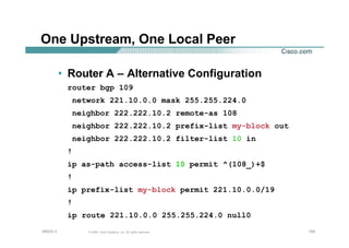 159159159© 2002, Cisco Systems, Inc. All rights reserved.AfNOG 3
One Upstream, One Local Peer
• Router A – Alternative Configuration
router bgp 109
network 221.10.0.0 mask 255.255.224.0
neighbor 222.222.10.2 remote-as 108
neighbor 222.222.10.2 prefix-list my-block out
neighbor 222.222.10.2 filter-list 10 in
!
ip as-path access-list 10 permit ^(108_)+$
!
ip prefix-list my-block permit 221.10.0.0/19
!
ip route 221.10.0.0 255.255.224.0 null0
 