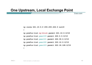 167167167© 2002, Cisco Systems, Inc. All rights reserved.AfNOG 3
One Upstream, Local Exchange Point
ip route 221.10.0.0 255.255.224.0 null0
!
ip prefix-list my-block permit 221.10.0.0/19
ip prefix-list peer100 permit 222.0.0.0/19
ip prefix-list peer101 permit 222.30.0.0/19
ip prefix-list peer102 permit 222.12.0.0/19
ip prefix-list peer103 permit 222.18.128.0/19
!
 