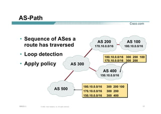 171717© 2002, Cisco Systems, Inc. All rights reserved.AfNOG 3
• Sequence of ASes a
route has traversed
• Loop detection
• Apply policy
AS-Path
AS 100
AS 300
AS 200
AS 500
AS 400
170.10.0.0/16 180.10.0.0/16
150.10.0.0/16
180.10.0.0/16 300 200 100
170.10.0.0/16 300 200
150.10.0.0/16 300 400
180.10.0.0/16 300 200 100
170.10.0.0/16 300 200
 