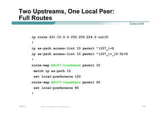 179179179© 2002, Cisco Systems, Inc. All rights reserved.AfNOG 3
Two Upstreams, One Local Peer:
Full Routes
ip route 221.10.0.0 255.255.224.0 null0
!
ip as-path access-list 10 permit ^(107_)+$
ip as-path access-list 10 permit ^(107_)+_[0-9]+$
!
route-map AS107-loadshare permit 10
match ip as-path 10
set local-preference 120
route-map AS107-loadshare permit 20
set local-preference 80
!
 