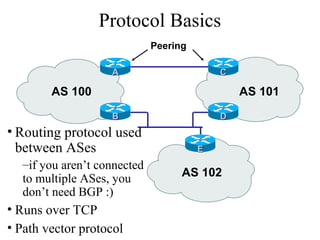 Protocol Basics
• Routing protocol used
between ASes
–if you aren’t connected
to multiple ASes, you
don’t need BGP :)
• Runs over TCP
• Path vector protocol
AS 100 AS 101
AS 102
EE
BB DD
AA CC
Peering
 