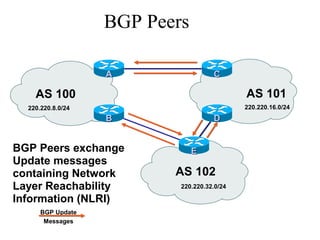 AS 100 AS 101
AA CC
BGP Peers
AS 102
DD
220.220.8.0/24 220.220.16.0/24
220.220.32.0/24
EE
BB
BGP Peers exchange
Update messages
containing Network
Layer Reachability
Information (NLRI)
BGP Update
Messages
 