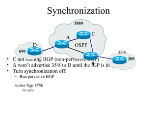 Synchronization
• C not running BGP (non-pervasive BGP)
• A won’t advertise 35/8 to D until the IGP is in sync
• Turn synchronization off!
– Run pervasive BGP
router bgp 1880
no sync
1880
209
690
B
A
C
35/8
D OSPF
 