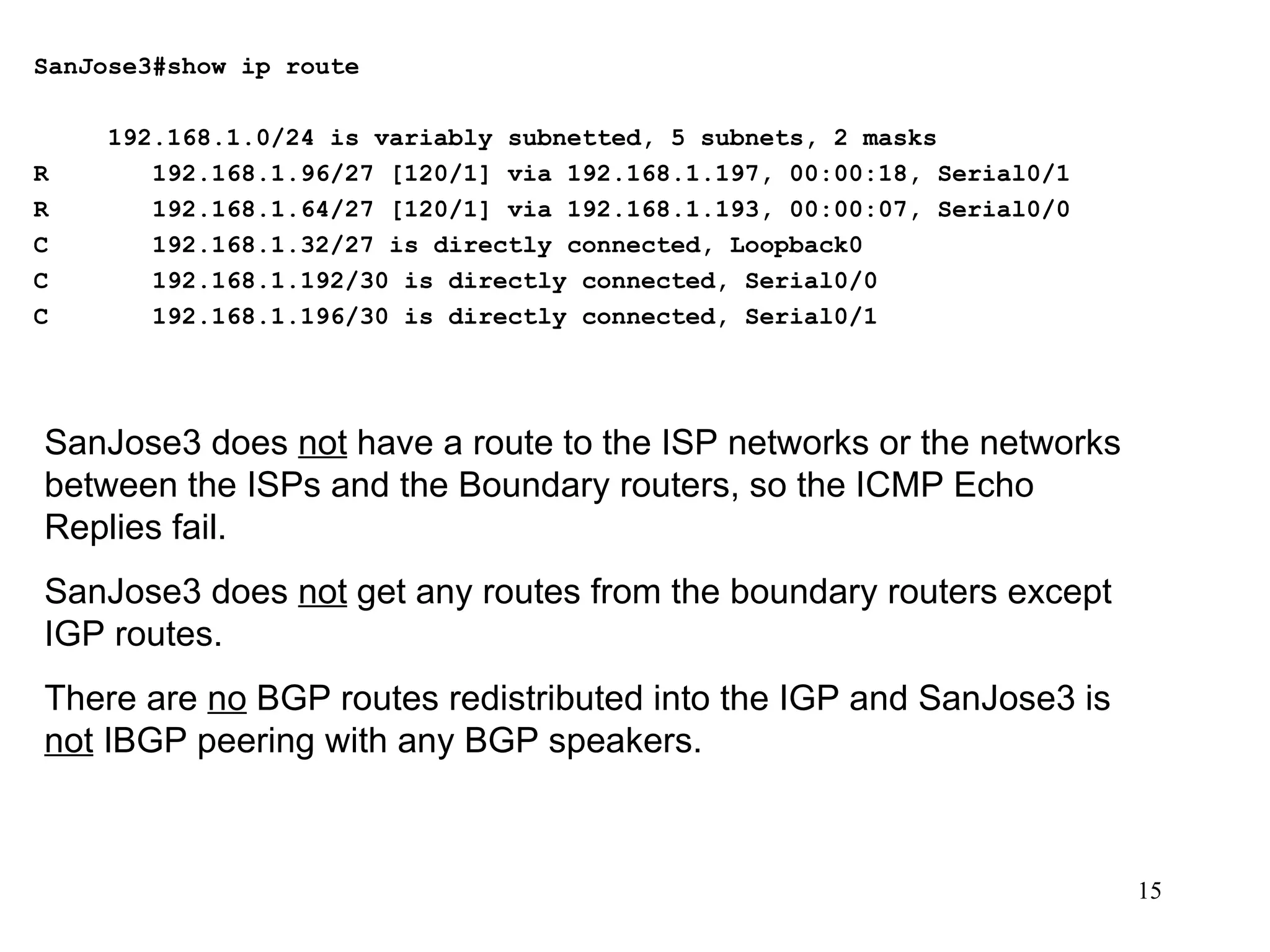 SanJose3#show ip route 192.168.1.0/24 is variably subnetted, 5 subnets, 2 masks R  192.168.1.96/27 [120/1] via 192.168.1.197, 00:00:18, Serial0/1 R  192.168.1.64/27 [120/1] via 192.168.1.193, 00:00:07, Serial0/0 C  192.168.1.32/27 is directly connected, Loopback0 C  192.168.1.192/30 is directly connected, Serial0/0 C  192.168.1.196/30 is directly connected, Serial0/1 SanJose3 does  not  have a route to the ISP networks or the networks between the ISPs and the Boundary routers, so the ICMP Echo Replies fail. SanJose3 does  not  get any routes from the boundary routers except IGP routes. There are  no  BGP routes redistributed into the IGP and SanJose3 is  not  IBGP peering with any BGP speakers. 