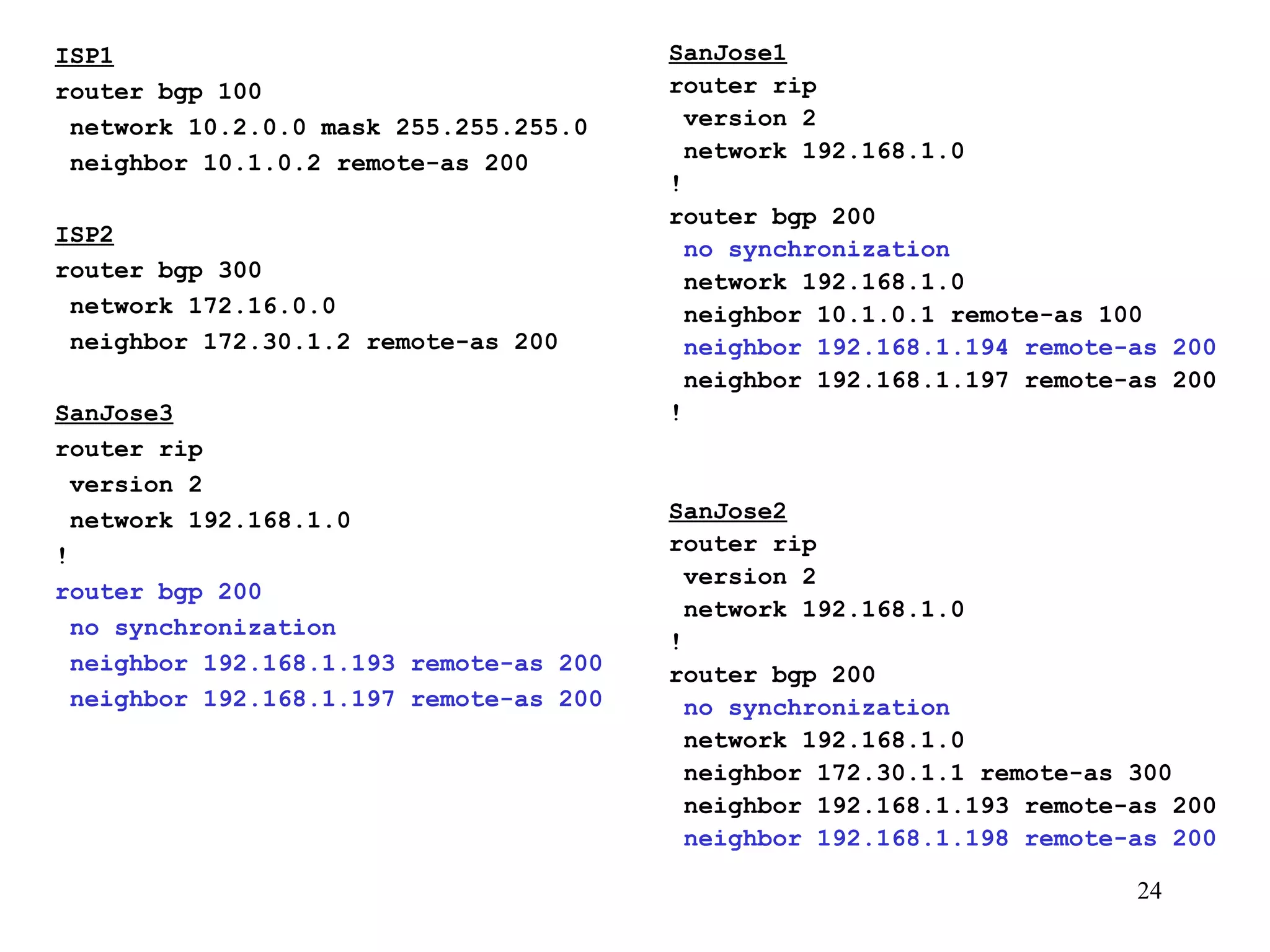 ISP1 router bgp 100 network 10.2.0.0 mask 255.255.255.0 neighbor 10.1.0.2 remote-as 200 ISP2 router bgp 300 network 172.16.0.0 neighbor 172.30.1.2 remote-as 200 SanJose3 router rip version 2 network 192.168.1.0 ! router bgp 200 no synchronization neighbor 192.168.1.193 remote-as 200 neighbor 192.168.1.197 remote-as 200 SanJose1 router rip version 2 network 192.168.1.0 ! router bgp 200 no synchronization network 192.168.1.0 neighbor 10.1.0.1 remote-as 100 neighbor 192.168.1.194 remote-as 200 neighbor 192.168.1.197 remote-as 200 ! SanJose2 router rip version 2 network 192.168.1.0 ! router bgp 200 no synchronization network 192.168.1.0 neighbor 172.30.1.1 remote-as 300 neighbor 192.168.1.193 remote-as 200 neighbor 192.168.1.198 remote-as 200 
