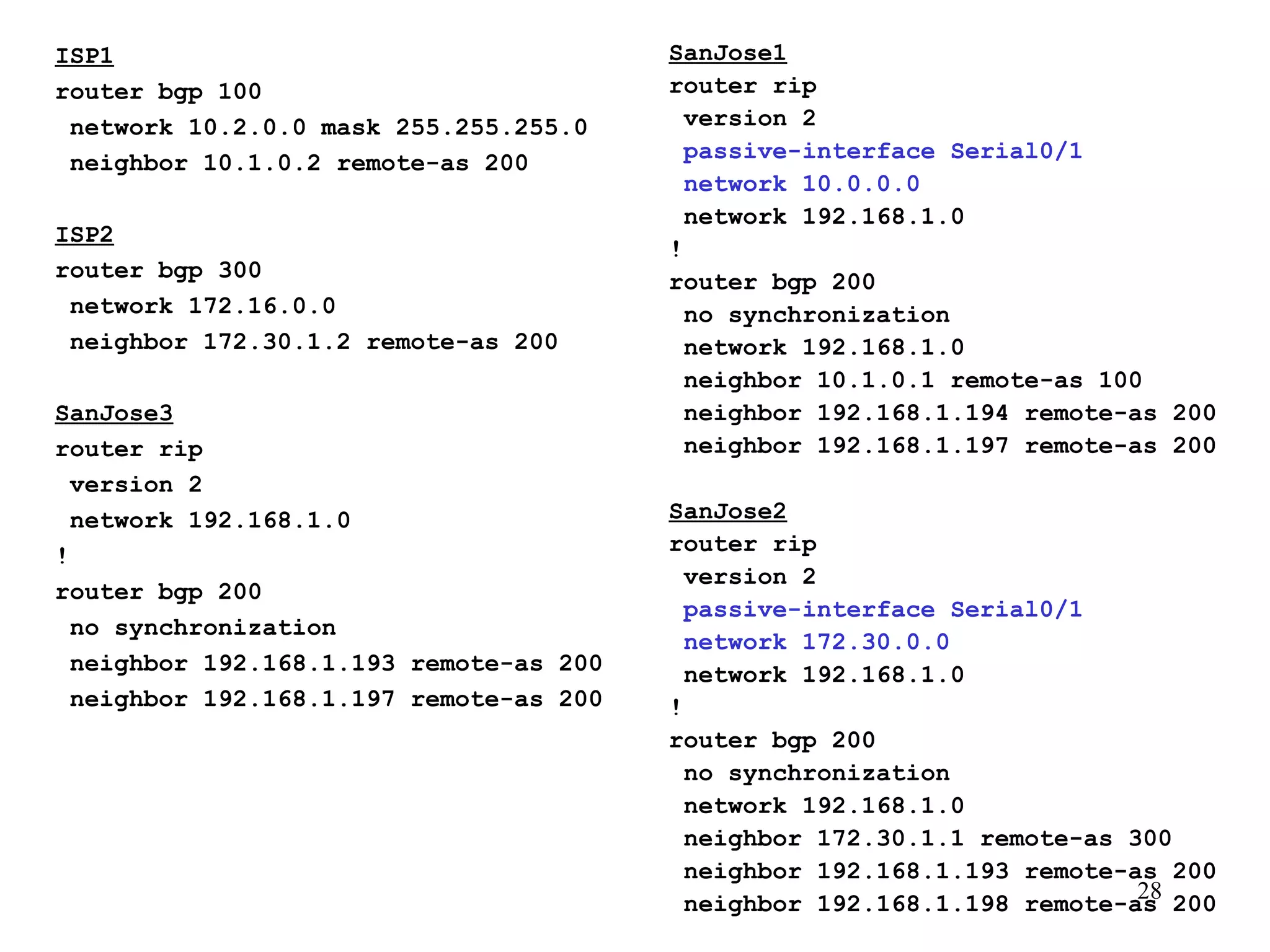 ISP1 router bgp 100 network 10.2.0.0 mask 255.255.255.0 neighbor 10.1.0.2 remote-as 200 ISP2 router bgp 300 network 172.16.0.0 neighbor 172.30.1.2 remote-as 200 SanJose3 router rip version 2 network 192.168.1.0 ! router bgp 200 no synchronization neighbor 192.168.1.193 remote-as 200 neighbor 192.168.1.197 remote-as 200 SanJose1 router rip version 2 passive-interface Serial0/1 network 10.0.0.0 network 192.168.1.0 ! router bgp 200 no synchronization network 192.168.1.0 neighbor 10.1.0.1 remote-as 100 neighbor 192.168.1.194 remote-as 200 neighbor 192.168.1.197 remote-as 200 SanJose2 router rip version 2 passive-interface Serial0/1 network 172.30.0.0 network 192.168.1.0 ! router bgp 200 no synchronization network 192.168.1.0 neighbor 172.30.1.1 remote-as 300 neighbor 192.168.1.193 remote-as 200 neighbor 192.168.1.198 remote-as 200 