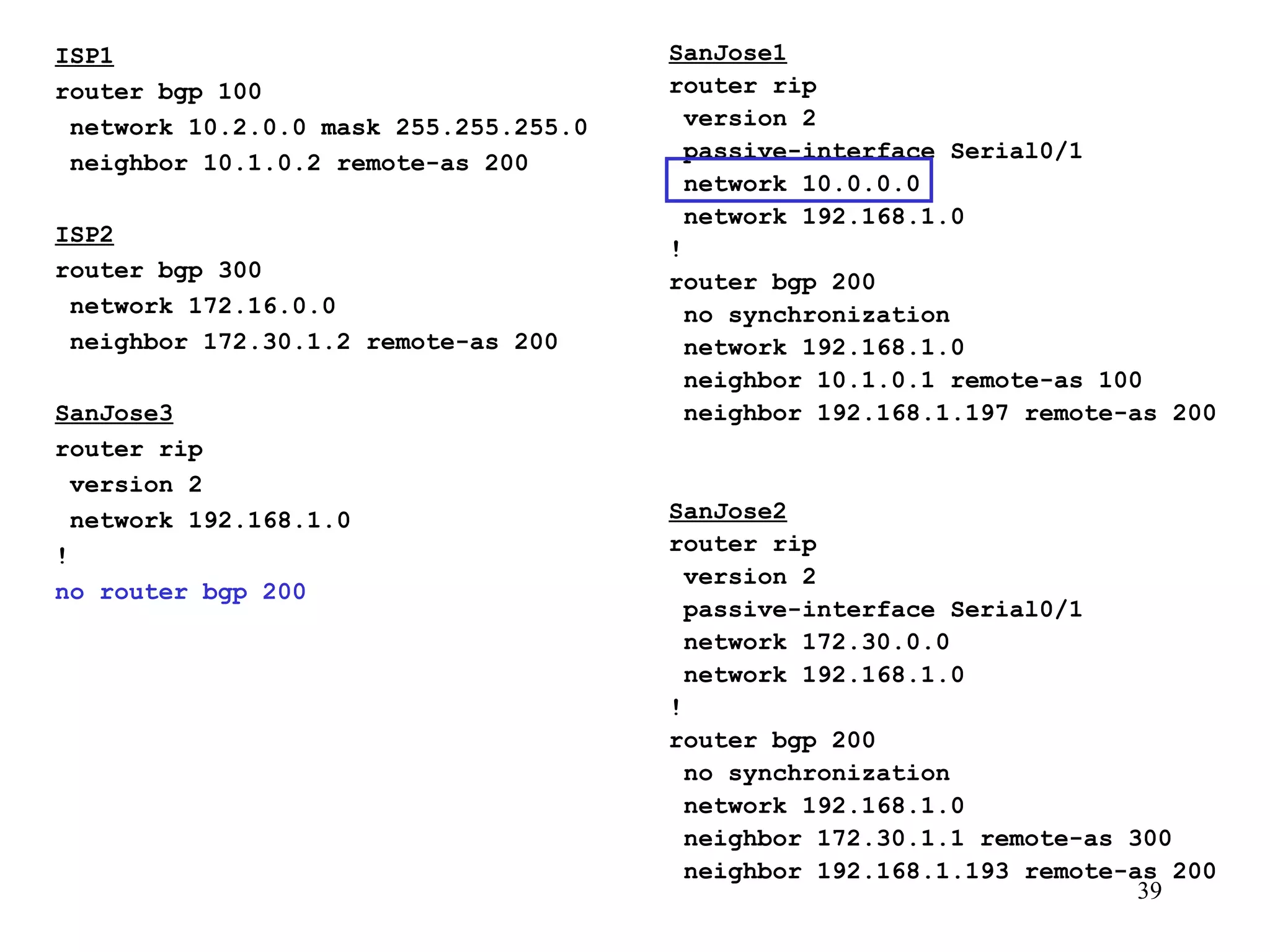 ISP1 router bgp 100 network 10.2.0.0 mask 255.255.255.0 neighbor 10.1.0.2 remote-as 200 ISP2 router bgp 300 network 172.16.0.0 neighbor 172.30.1.2 remote-as 200 SanJose3 router rip version 2 network 192.168.1.0 ! no router bgp 200 SanJose1 router rip version 2 passive-interface Serial0/1 network 10.0.0.0 network 192.168.1.0 ! router bgp 200 no synchronization network 192.168.1.0 neighbor 10.1.0.1 remote-as 100 neighbor 192.168.1.197 remote-as 200 SanJose2 router rip version 2 passive-interface Serial0/1 network 172.30.0.0 network 192.168.1.0 ! router bgp 200 no synchronization network 192.168.1.0 neighbor 172.30.1.1 remote-as 300 neighbor 192.168.1.193 remote-as 200 