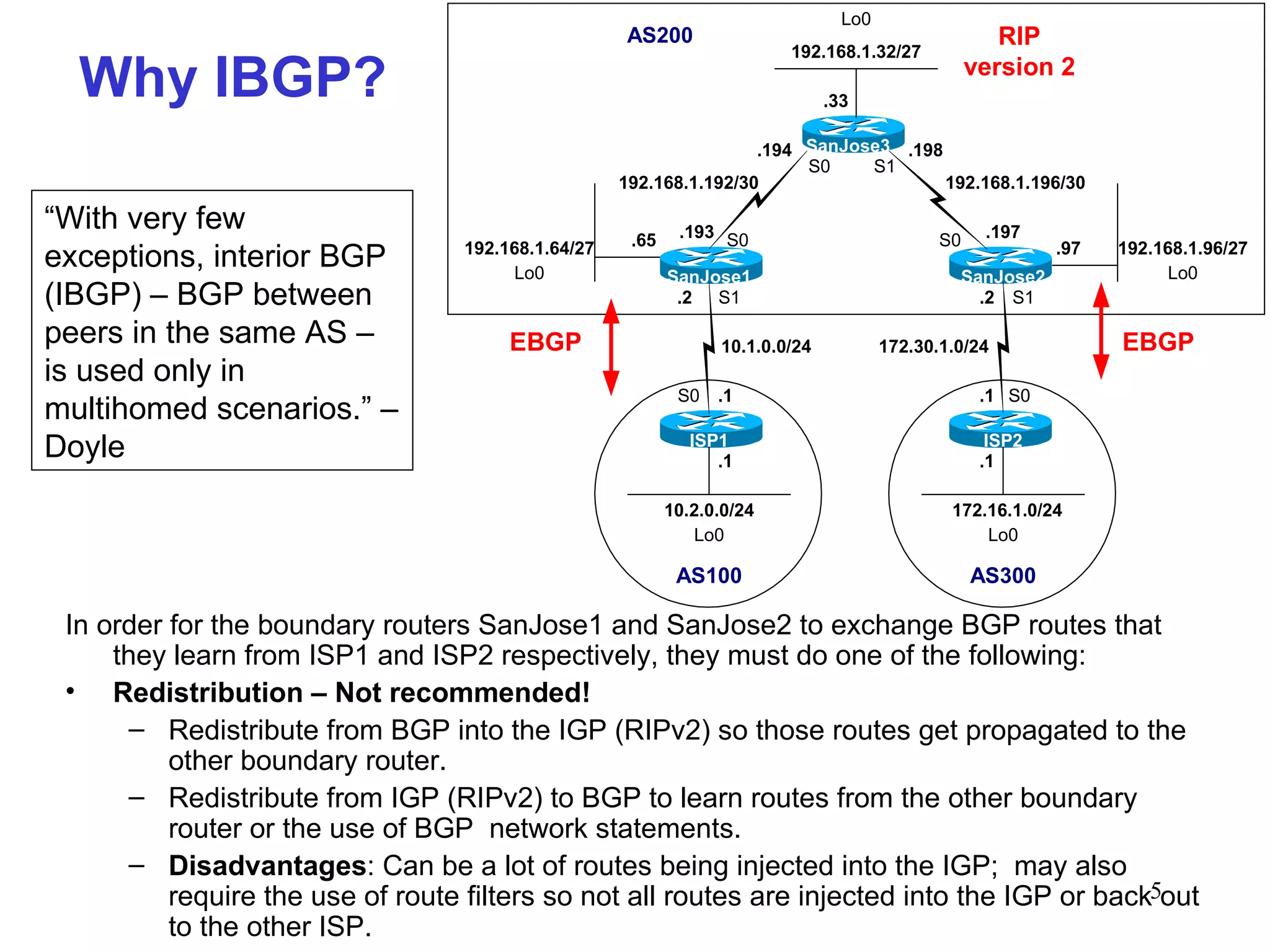 Why IBGP? In order for the boundary routers SanJose1 and SanJose2 to exchange BGP routes that they learn from ISP1 and ISP2 respectively, they must do one of the following: Redistribution – Not recommended! Redistribute from BGP into the IGP (RIPv2) so those routes get propagated to the other boundary router. Redistribute from IGP (RIPv2) to BGP to learn routes from the other boundary router or the use of BGP  network statements. Disadvantages : Can be a lot of routes being injected into the IGP;  may also require the use of route filters so not all routes are injected into the IGP or back out to the other ISP. “ With very few exceptions, interior BGP (IBGP) – BGP between peers in the same AS – is used only in multihomed scenarios.” – Doyle 