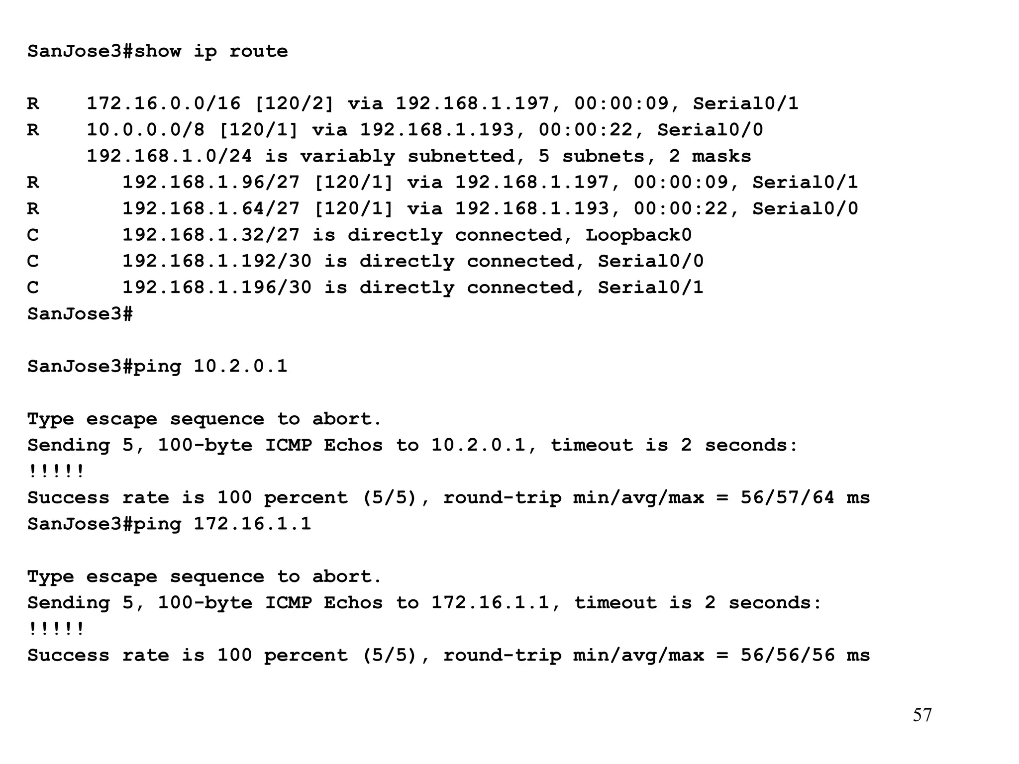 SanJose3#show ip route   R  172.16.0.0/16 [120/2] via 192.168.1.197, 00:00:09, Serial0/1 R  10.0.0.0/8 [120/1] via 192.168.1.193, 00:00:22, Serial0/0 192.168.1.0/24 is variably subnetted, 5 subnets, 2 masks R  192.168.1.96/27 [120/1] via 192.168.1.197, 00:00:09, Serial0/1 R  192.168.1.64/27 [120/1] via 192.168.1.193, 00:00:22, Serial0/0 C  192.168.1.32/27 is directly connected, Loopback0 C  192.168.1.192/30 is directly connected, Serial0/0 C  192.168.1.196/30 is directly connected, Serial0/1 SanJose3# SanJose3#ping 10.2.0.1   Type escape sequence to abort. Sending 5, 100-byte ICMP Echos to 10.2.0.1, timeout is 2 seconds: !!!!! Success rate is 100 percent (5/5), round-trip min/avg/max = 56/57/64 ms SanJose3#ping 172.16.1.1   Type escape sequence to abort. Sending 5, 100-byte ICMP Echos to 172.16.1.1, timeout is 2 seconds: !!!!! Success rate is 100 percent (5/5), round-trip min/avg/max = 56/56/56 ms 