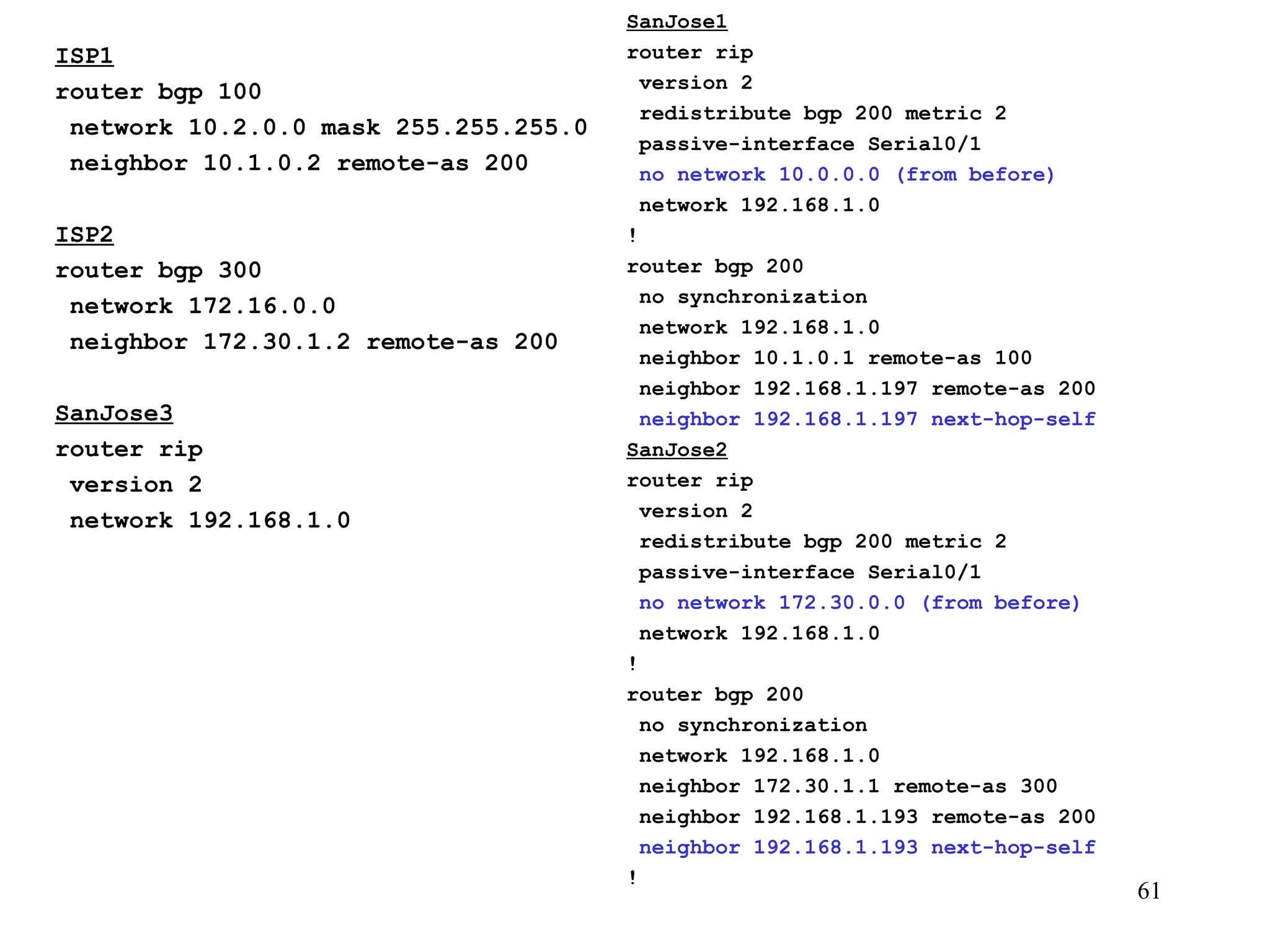 ISP1 router bgp 100 network 10.2.0.0 mask 255.255.255.0 neighbor 10.1.0.2 remote-as 200 ISP2 router bgp 300 network 172.16.0.0 neighbor 172.30.1.2 remote-as 200 SanJose3 router rip version 2 network 192.168.1.0 SanJose1 router rip version 2 redistribute bgp 200 metric 2  passive-interface Serial0/1 no network 10.0.0.0 (from before) network 192.168.1.0 ! router bgp 200 no synchronization network 192.168.1.0 neighbor 10.1.0.1 remote-as 100 neighbor 192.168.1.197 remote-as 200 neighbor 192.168.1.197 next-hop-self SanJose2 router rip version 2 redistribute bgp 200 metric 2 passive-interface Serial0/1 no network 172.30.0.0 (from before) network 192.168.1.0 ! router bgp 200 no synchronization network 192.168.1.0 neighbor 172.30.1.1 remote-as 300 neighbor 192.168.1.193 remote-as 200 neighbor 192.168.1.193 next-hop-self ! 