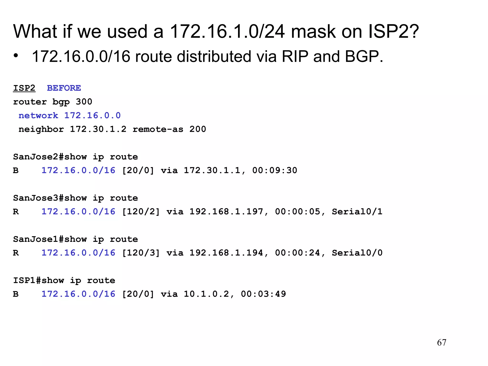 What if we used a 172.16.1.0/24 mask on ISP2? 172.16.0.0/16 route distributed via RIP and BGP. ISP2   BEFORE router bgp 300 network 172.16.0.0 neighbor 172.30.1.2 remote-as 200 SanJose2#show ip route B  172.16.0.0/16  [20/0] via 172.30.1.1, 00:09:30 SanJose3#show ip route R  172.16.0.0/16  [120/2] via 192.168.1.197, 00:00:05, Serial0/1 SanJose1#show ip route R  172.16.0.0/16  [120/3] via 192.168.1.194, 00:00:24, Serial0/0 ISP1#show ip route B  172.16.0.0/16  [20/0] via 10.1.0.2, 00:03:49 