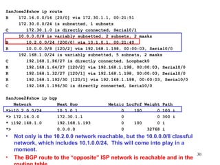 SanJose2#show ip route  B  172.16.0.0/16 [20/0] via 172.30.1.1, 00:21:51 172.30.0.0/24 is subnetted, 1 subnets C  172.30.1.0 is directly connected, Serial0/1 10.0.0.0/8 is variably subnetted, 2 subnets, 2 masks B  10.2.0.0/24 [200/0] via 10.1.0.1, 00:21:40 R  10.0.0.0/8 [120/2] via 192.168.1.198, 00:00:03, Serial0/0 192.168.1.0/24 is variably subnetted, 5 subnets, 2 masks C  192.168.1.96/27 is directly connected, Loopback0 R  192.168.1.64/27 [120/2] via 192.168.1.198, 00:00:03, Serial0/0 R  192.168.1.32/27 [120/1] via 192.168.1.198, 00:00:03, Serial0/0 R  192.168.1.192/30 [120/1] via 192.168.1.198, 00:00:03, Serial0/0 C  192.168.1.196/30 is directly connected, Serial0/0 SanJose2#show ip bgp  Network  Next Hop  Metric LocPrf Weight Path *>i10.2.0.0/24  10.1.0.1  0  100  0 100 i *> 172.16.0.0  172.30.1.1  0  0 300 i * i192.168.1.0  192.168.1.193  0  100  0 i *>  0.0.0.0  0  32768 i Not only is the 10.2.0.0 network reachable, but the 10.0.0.0/8 classful network, which includes 10.1.0.0/24.  This will come into play in a moment. The BGP route to the “opposite” ISP network is reachable and in the routing table. 