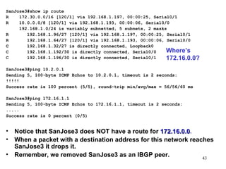 SanJose3#show ip route R  172.30.0.0/16 [120/1] via 192.168.1.197, 00:00:25, Serial0/1 R  10.0.0.0/8 [120/1] via 192.168.1.193, 00:00:06, Serial0/0 192.168.1.0/24 is variably subnetted, 5 subnets, 2 masks R  192.168.1.96/27 [120/1] via 192.168.1.197, 00:00:25, Serial0/1 R  192.168.1.64/27 [120/1] via 192.168.1.193, 00:00:06, Serial0/0 C  192.168.1.32/27 is directly connected, Loopback0 C  192.168.1.192/30 is directly connected, Serial0/0 C  192.168.1.196/30 is directly connected, Serial0/1 SanJose3#ping 10.2.0.1 Sending 5, 100-byte ICMP Echos to 10.2.0.1, timeout is 2 seconds: !!!!! Success rate is 100 percent (5/5), round-trip min/avg/max = 56/56/60 ms SanJose3#ping 172.16.1.1 Sending 5, 100-byte ICMP Echos to 172.16.1.1, timeout is 2 seconds: ..... Success rate is 0 percent (0/5) Notice that SanJose3 does NOT have a route for  172.16.0.0 . When a packet with a destination address for this network reaches SanJose3 it drops it. Remember, we removed SanJose3 as an IBGP peer. Where’s 172.16.0.0? 