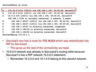 SanJose3#show ip route   R  172.16.0.0/16 [120/2] via 192.168.1.197, 00:00:04, Serial0/1 R  172.30.0.0/16 [120/1] via 192.168.1.197, 00:00:04, Serial0/1 R  10.0.0.0/8 [120/1] via 192.168.1.193, 00:00:25, Serial0/0 192.168.1.0/24 is variably subnetted, 5 subnets, 2 masks R  192.168.1.96/27 [120/1] via 192.168.1.197, 00:00:04, Serial0/1 R  192.168.1.64/27 [120/1] via 192.168.1.193, 00:00:25, Serial0/0 C  192.168.1.32/27 is directly connected, Loopback0 C  192.168.1.192/30 is directly connected, Serial0/0 C  192.168.1.196/30 is directly connected, Serial0/1 SanJose3#ping 172.16.1.1 SanJose3 now has a route for  172.16.0.0  which was redistributed into RIP by SanJose2. This gives us the rest of the connectivity we need. 10.0.0.0 network was already in SanJose2’s routing table because SanJose1’s has a RIP network 10.0.0.0 statement.  Remember 10.2.0.0 and 10.1.0.0 belong to this classful network. 