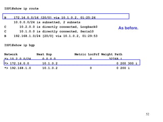 ISP1#show ip route   B  172.16.0.0/16 [20/0] via 10.1.0.2, 01:25:26 10.0.0.0/24 is subnetted, 2 subnets C  10.2.0.0 is directly connected, Loopback0 C  10.1.0.0 is directly connected, Serial0 B  192.168.1.0/24 [20/0] via 10.1.0.2, 01:29:53 ISP1#show ip bgp Network  Next Hop  Metric LocPrf Weight Path *> 10.2.0.0/24  0.0.0.0  0  32768 i *> 172.16.0.0  10.1.0.2  0 200 300 i *> 192.168.1.0  10.1.0.2  0  0 200 i As before. 