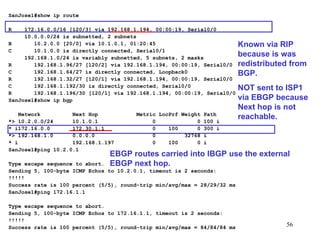SanJose1#show ip route   R  172.16.0.0/16 [120/3] via 192.168.1.194, 00:00:19, Serial0/0 10.0.0.0/24 is subnetted, 2 subnets B  10.2.0.0 [20/0] via 10.1.0.1, 01:20:45 C  10.1.0.0 is directly connected, Serial0/1 192.168.1.0/24 is variably subnetted, 5 subnets, 2 masks R  192.168.1.96/27 [120/2] via 192.168.1.194, 00:00:19, Serial0/0 C  192.168.1.64/27 is directly connected, Loopback0 R  192.168.1.32/27 [120/1] via 192.168.1.194, 00:00:19, Serial0/0 C  192.168.1.192/30 is directly connected, Serial0/0 R  192.168.1.196/30 [120/1] via 192.168.1.194, 00:00:19, Serial0/0 SanJose1#show ip bgp   Network  Next Hop  Metric LocPrf Weight Path *> 10.2.0.0/24  10.1.0.1  0  0 100 i * i172.16.0.0  172.30.1.1  0  100  0 300 i *> 192.168.1.0  0.0.0.0  0  32768 i * i  192.168.1.197  0  100  0 i SanJose1#ping 10.2.0.1   Type escape sequence to abort. Sending 5, 100-byte ICMP Echos to 10.2.0.1, timeout is 2 seconds: !!!!! Success rate is 100 percent (5/5), round-trip min/avg/max = 28/29/32 ms SanJose1#ping 172.16.1.1   Type escape sequence to abort. Sending 5, 100-byte ICMP Echos to 172.16.1.1, timeout is 2 seconds: !!!!! Success rate is 100 percent (5/5), round-trip min/avg/max = 84/84/84 ms Known via RIP because is was redistributed from BGP.  NOT sent to ISP1 via EBGP because Next hop is not reachable. EBGP routes carried into IBGP use the external EBGP next hop. 